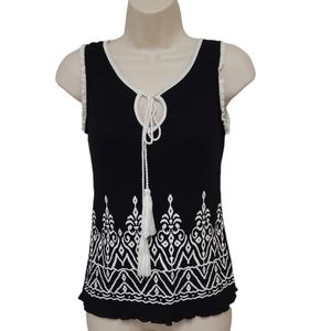 Love J women's sleeveless top Small black & white v-neck tassles